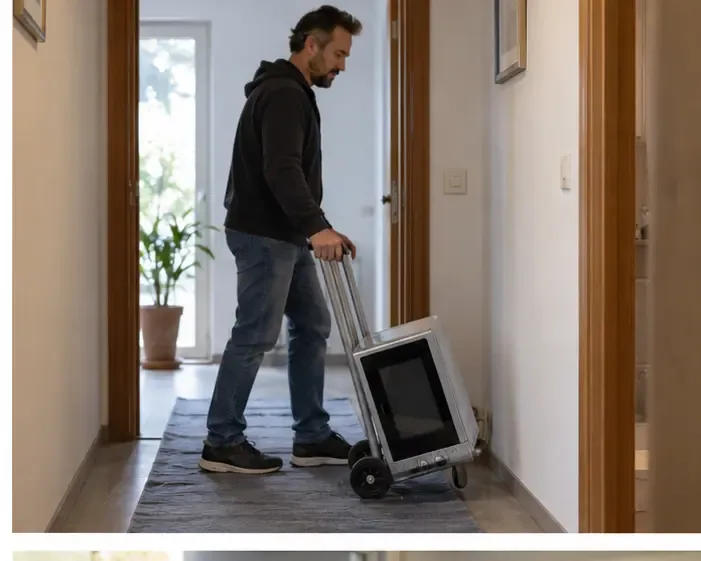 Persona che trasporta un forno a microonde su un carrello lungo il corridoio di casa