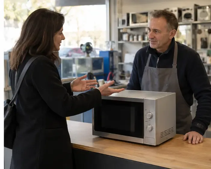 Persona che parla con un addetto davanti a un forno a microonde funzionante