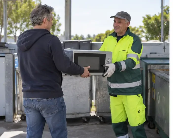 Cittadino che consegna un forno a microonde a un operatore in un centro di raccolta