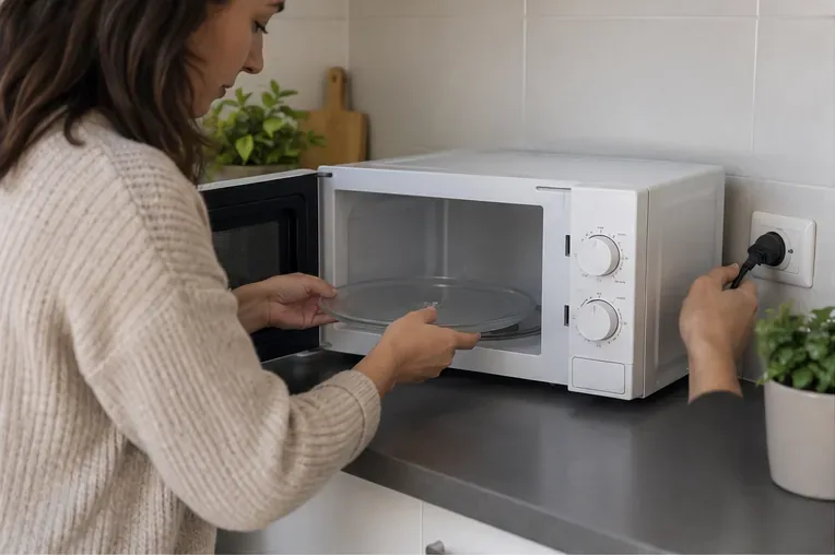 Una persona scollega un forno a microonde e rimuove il piatto girevole prima del conferimento come RAEE