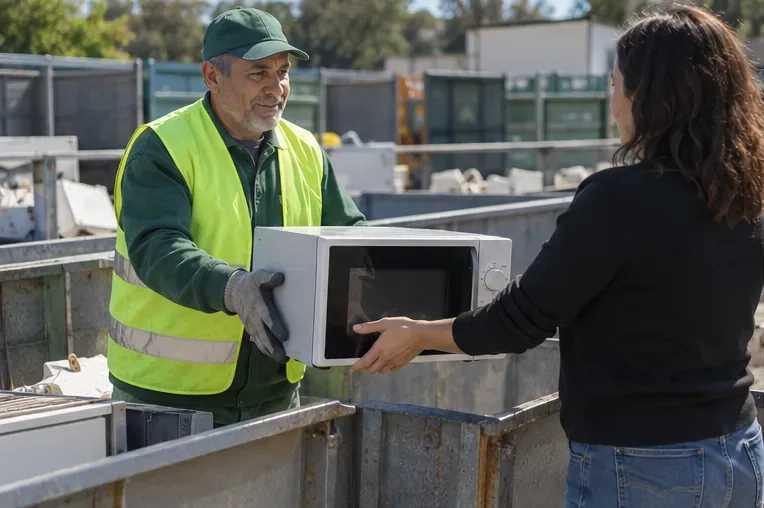 Una cittadina consegna un forno a microonde a un addetto in un centro di raccolta con contenitori per rifiuti elettronici sullo sfondo