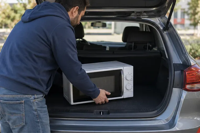 Un uomo carica un forno a microonde nel bagagliaio di un'auto per portarlo al centro comunale di raccolta