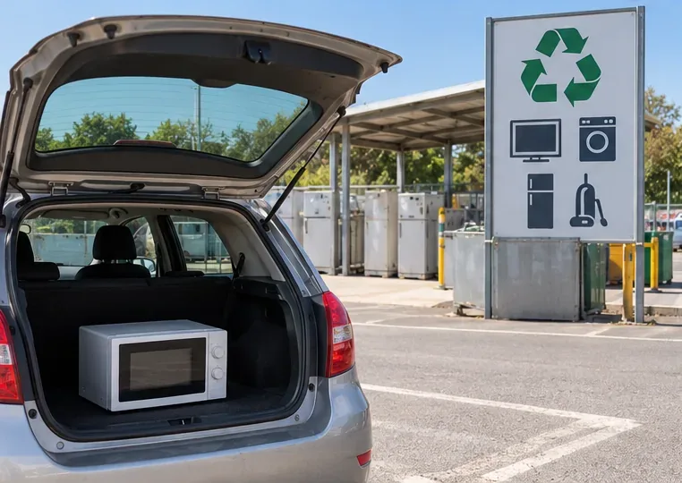Microonde nel bagagliaio davanti a un'area di raccolta per apparecchiature elettriche