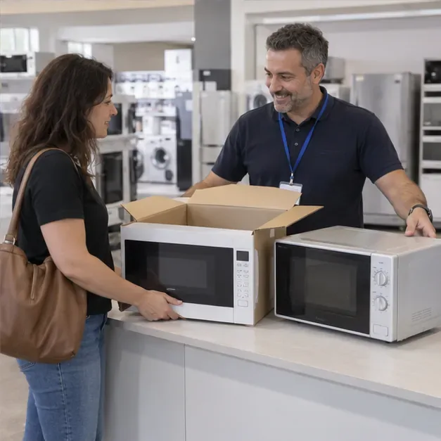 Una cliente consegna un vecchio microonde a un addetto in un negozio mentre un nuovo apparecchio è ancora nella scatola