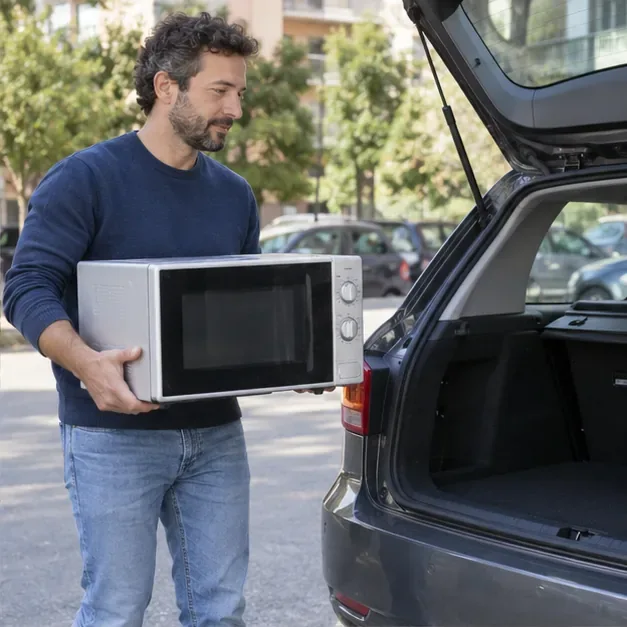 Una persona trasporta un microonde vuoto con entrambe le mani verso il bagagliaio di un’auto