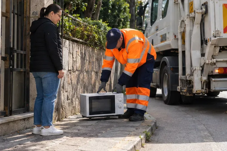 Un operatore della raccolta prende in carico un forno a microonde sul marciapiede accanto a un mezzo di servizio