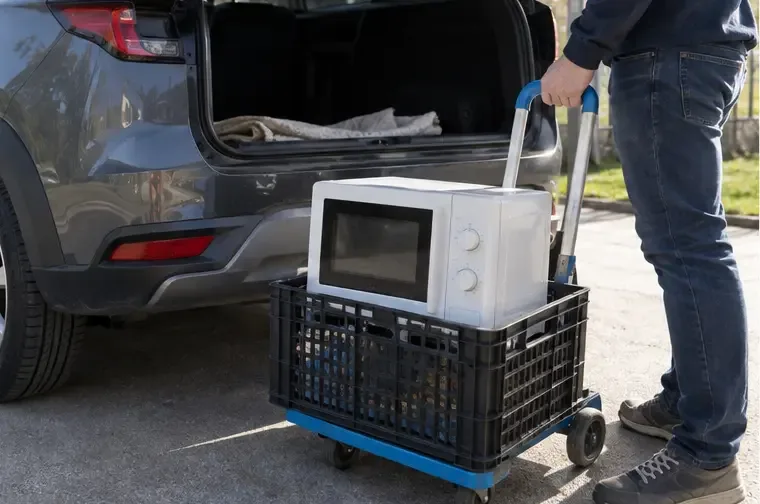 Un forno a microonde scollegato fissato in posizione verticale su un carrello accanto al bagagliaio di un'auto