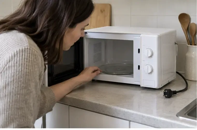 Un forno a microonde scollegato e aperto, mentre una persona controlla che l'interno sia vuoto