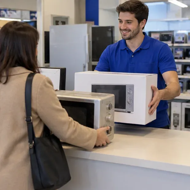 Cliente che consegna un vecchio forno a microonde al banco di un negozio mentre riceve un nuovo apparecchio imballato