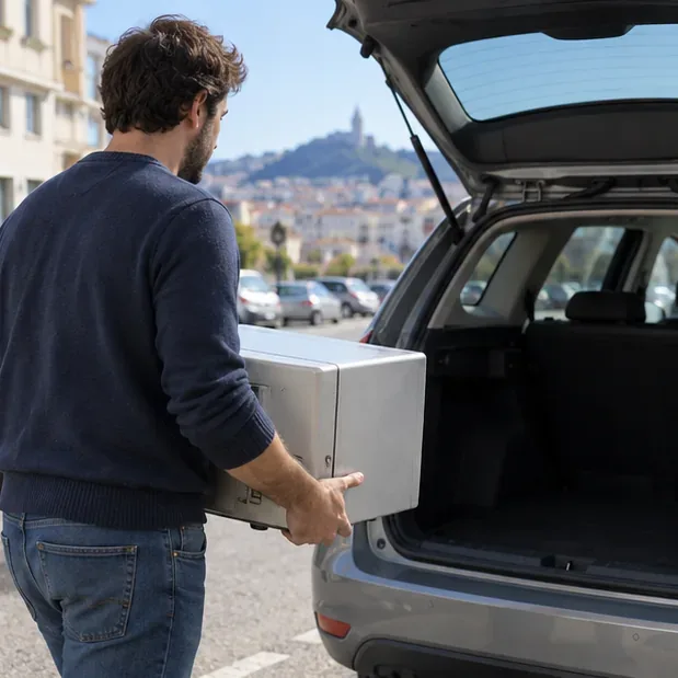 Persona che carica con due mani un forno a microonde nel bagagliaio di un'auto