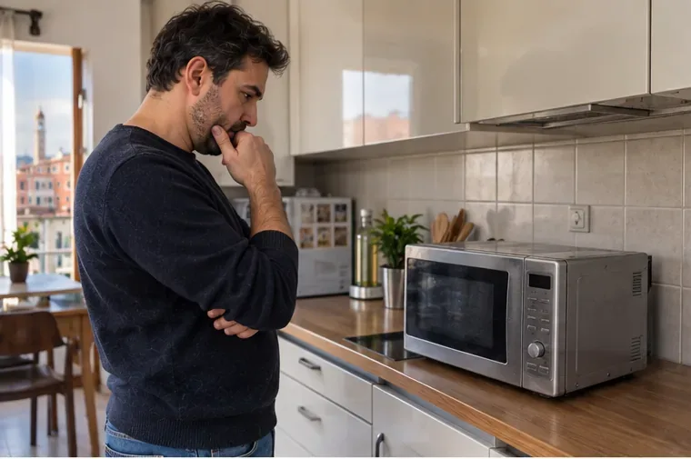 Un uomo osserva un forno a microonde appoggiato sul piano della cucina prima di decidere come smaltirlo