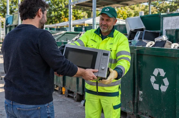 Un addetto con guanti riceve un forno a microonde da un cittadino davanti ai contenitori di raccolta per apparecchiature elettroniche