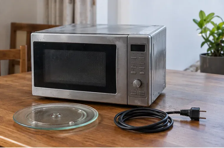 Un forno a microonde scollegato con piatto girevole in vetro e cavo di alimentazione preparati per il trasporto