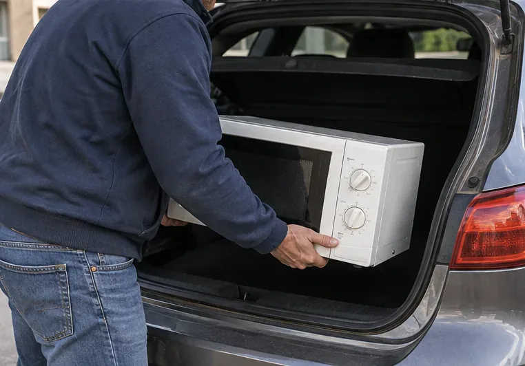 Persona che carica un forno a microonde integro nel bagagliaio di un'auto