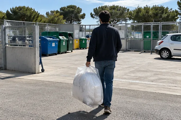 Una persona porta un piumone imballato verso un centro di raccolta con contenitori separati