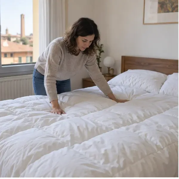 Una donna controlla un piumone bianco e asciutto steso sul letto per valutarne lo stato