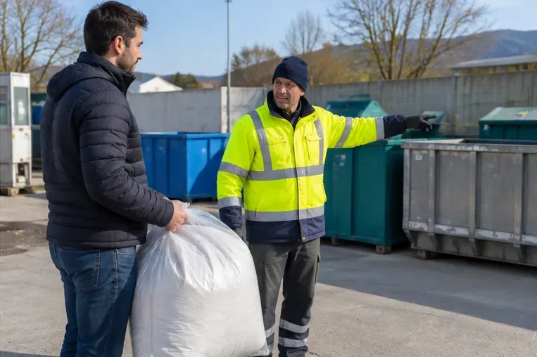 Cittadino con un piumone imbustato parla con un operatore davanti ai container di un centro di raccolta