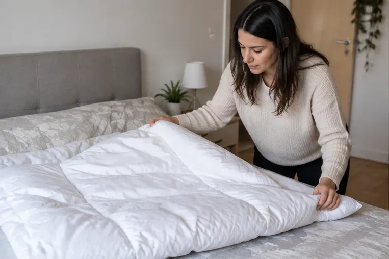 Donna controlla un piumone bianco steso sul letto per valutarne lo stato