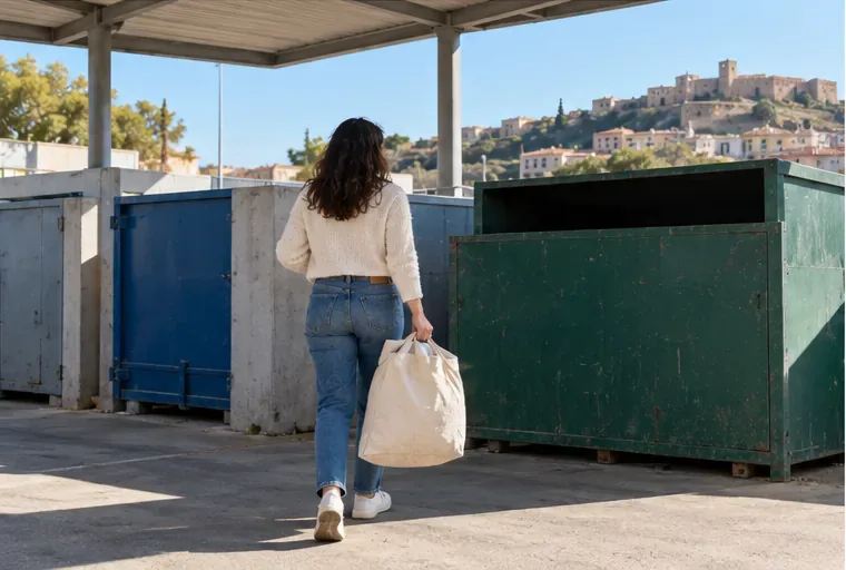 Una residente trasporta una borsa chiusa verso un’area comunale di raccolta con grandi contenitori