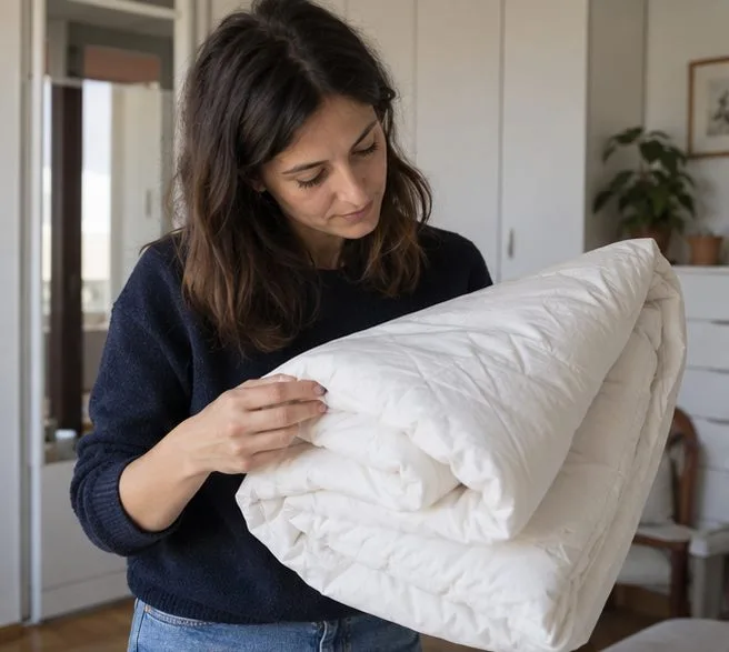 Una donna controlla cuciture e superficie di un piumone bianco piegato, per valutarne le condizioni.