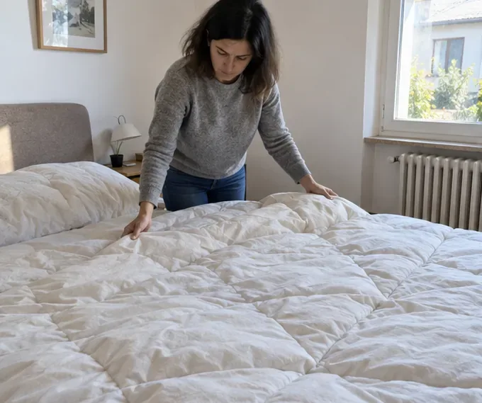 Una persona controlla un piumone bianco disteso sul letto, osservandone il tessuto e le cuciture