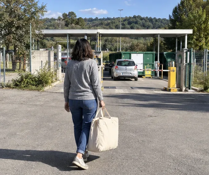 Una persona trasporta un sacco chiuso con un tessile voluminoso verso un centro di raccolta