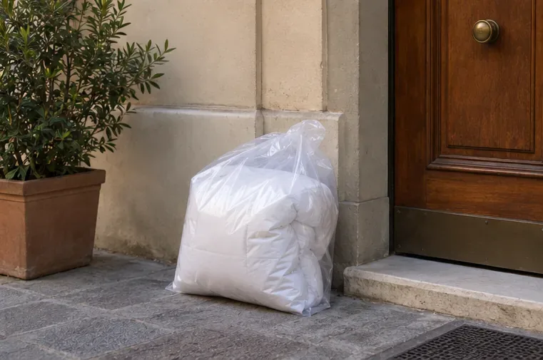 Un piumone chiuso in un sacco è appoggiato vicino all'ingresso di un edificio in attesa di un ritiro già concordato