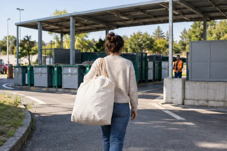 Una persona porta una borsa con un piumone verso l’ingresso di un centro comunale di raccolta generico.