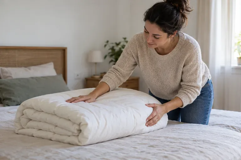 Una donna controlla un piumone bianco, pulito e piegato sul letto per valutarne il riuso.