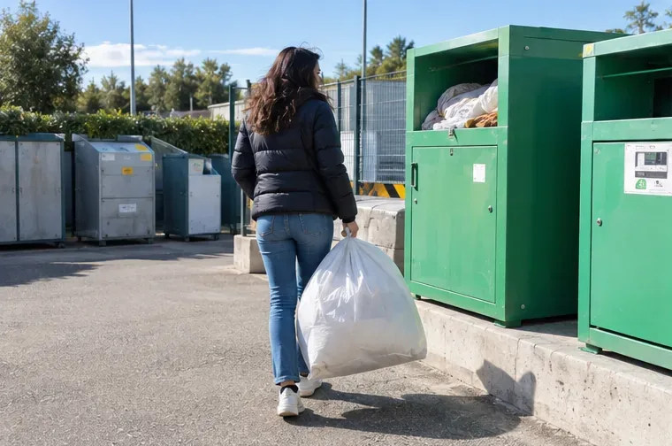Una persona trasporta un grande sacco con un piumone verso un'area di raccolta con contenitori per materiali differenziati