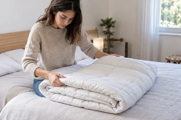 Una persona piega un piumone bianco sul letto per controllarne pulizia e condizioni prima di decidere se riutilizzarlo o smaltirlo