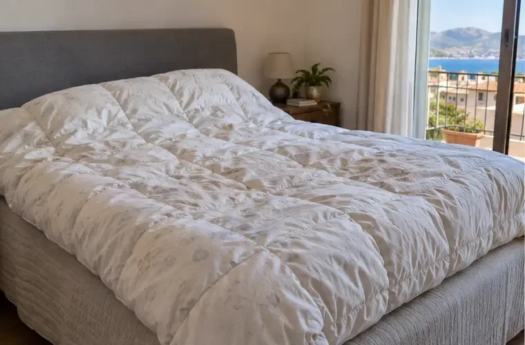 Piumone usato steso sul letto per controllarne condizioni e possibilità di riutilizzo