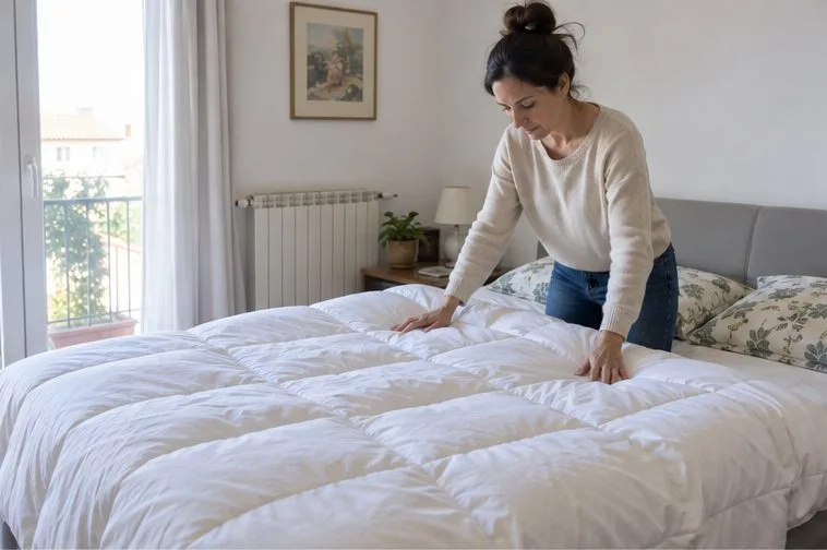 Una persona controlla un piumone disteso sul letto per valutarne pulizia e stato