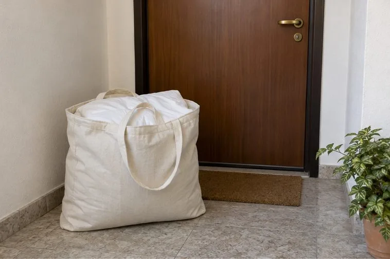 Un piumone ripiegato e pulito dentro una borsa riutilizzabile vicino alla porta di casa