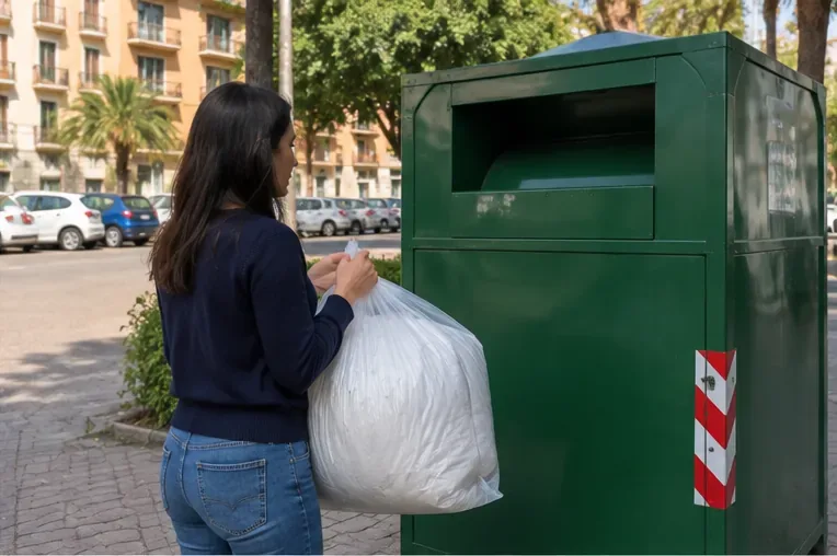 Donna con un piumone chiuso in un sacco davanti a un grande contenitore verde per la raccolta dei tessili