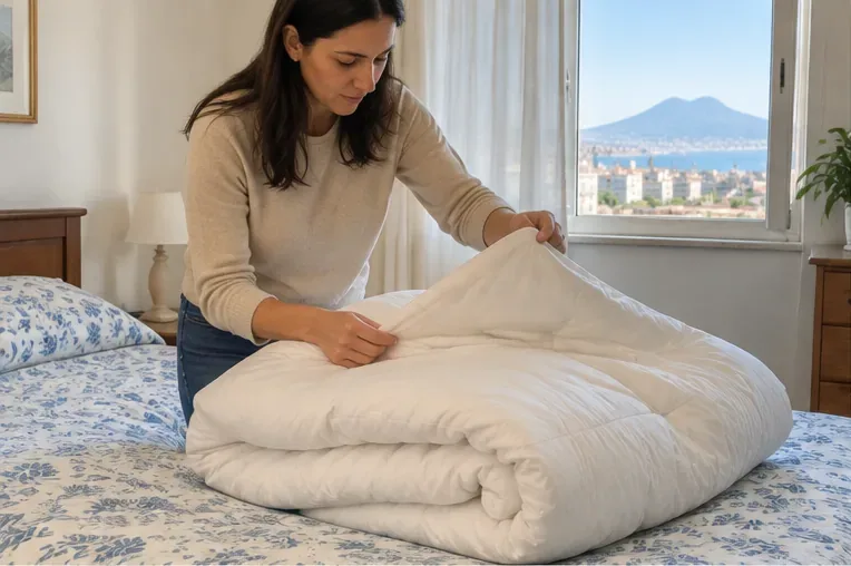 Donna che controlla un piumone bianco piegato sul letto per verificare che sia ancora in buone condizioni