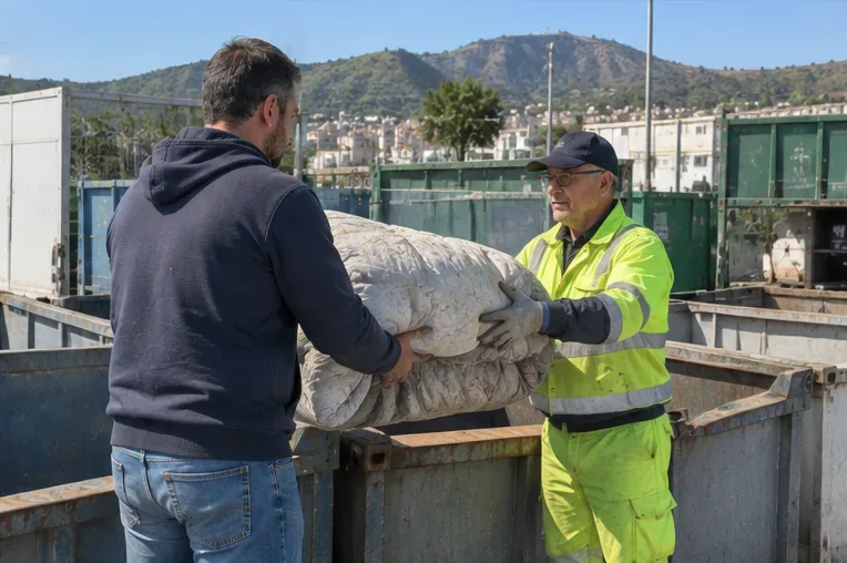 Operatore di un centro di raccolta che riceve da un cittadino un piumone consumato vicino ai contenitori dei rifiuti