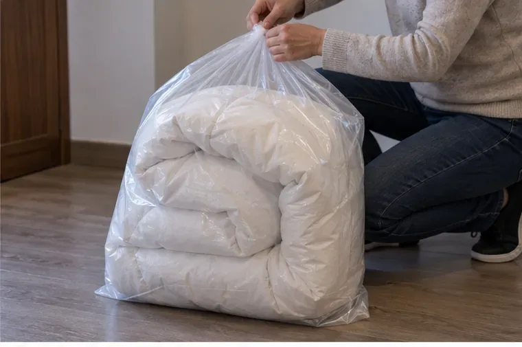 Un piumone bianco piegato viene inserito e chiuso in un grande sacco trasparente
