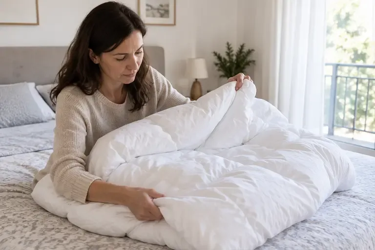 Una persona controlla un piumone bianco pulito su un letto prima di decidere come riutilizzarlo o smaltirlo