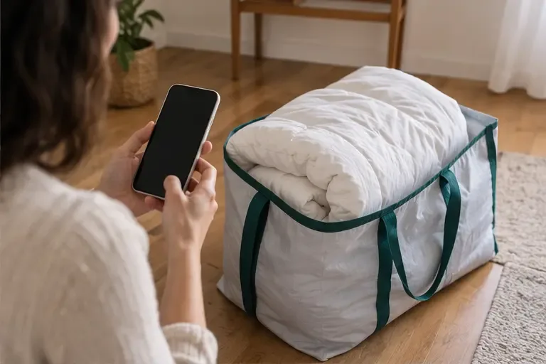 Una persona usa lo smartphone accanto a un piumone ripiegato in una grande borsa riutilizzabile
