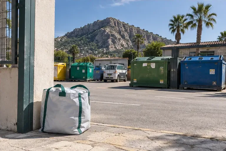 Una grande borsa contenente un piumone si trova all’ingresso di un centro comunale di raccolta con cassoni colorati