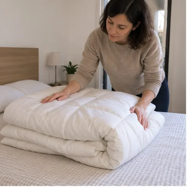 Una persona controlla e piega un piumone bianco pulito sul letto prima di decidere se riutilizzarlo o conferirlo