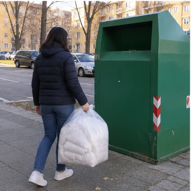 Una persona porta un sacco con un piumone piegato verso un contenitore verde per la raccolta dei tessili usati