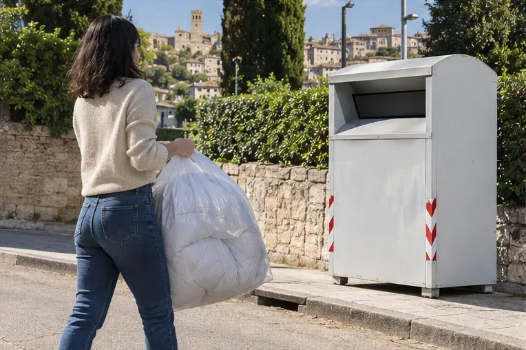 Una persona trasporta un piumone imballato verso un contenitore stradale per tessili senza tentare di forzarlo nell'apertura