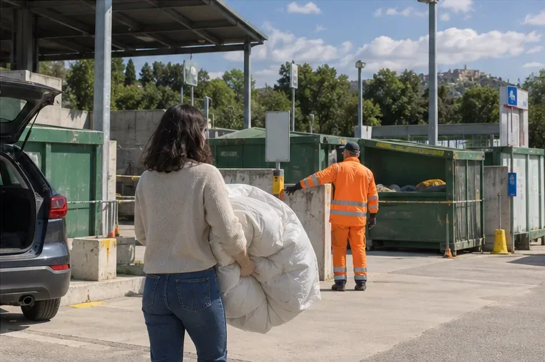 Una persona porta un piumone voluminoso in un'area attrezzata con grandi contenitori e personale di servizio