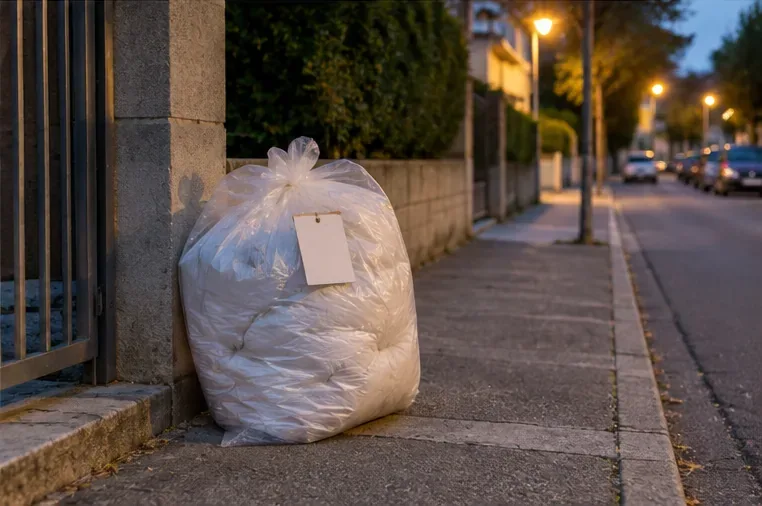 Un sacco con un piumone compattato collocato sul marciapiede vicino a un cancello al momento previsto per un ritiro prenotato
