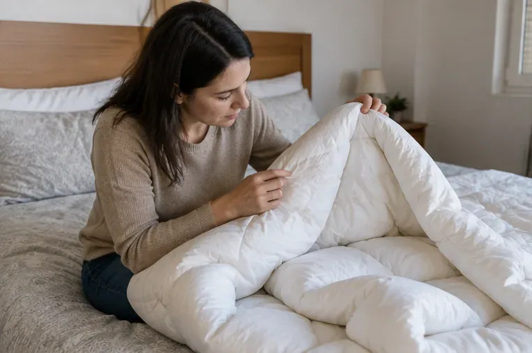 Una persona controlla un piumone bianco sul letto per verificarne lo stato prima di decidere se riutilizzarlo o smaltirlo