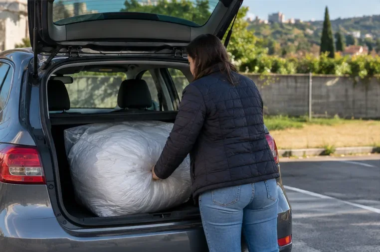 Una persona carica un grande sacco contenente un piumone nel bagagliaio di un'auto per portarlo al centro di raccolta
