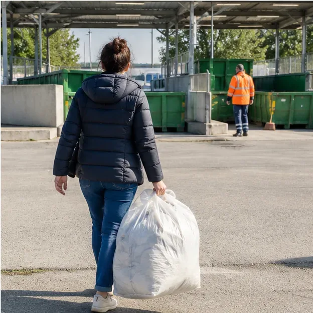 Persona che porta un grande sacco con un piumone verso una stazione ecologica con contenitori verdi e operatore in alta visibilità