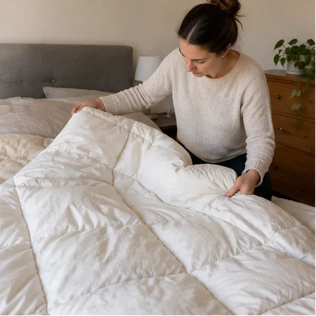 Donna che controlla su un letto lo stato di un piumone bianco prima di decidere se riutilizzarlo o smaltirlo